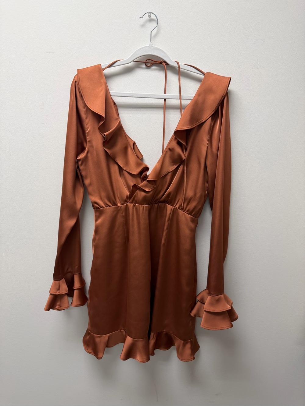 MAJORELLE Rust Satin Ruffle Dress